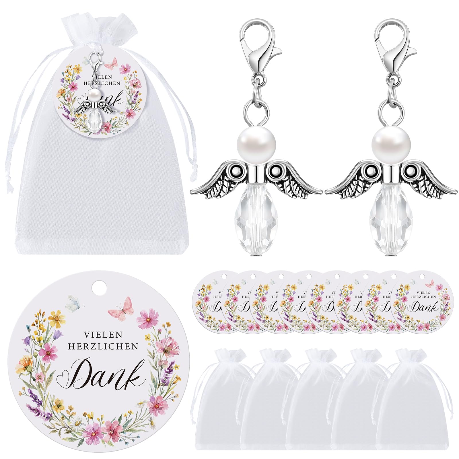 ChAusa 91 stuks gastgeschenken, doop, 30 stuks beschermengel-hangers, 30 stuks witte organza zakjes, 30 stuks kraftpapieren hangers en 1 rol lint, voor geluksbrengers, geschenken, doopfeesten