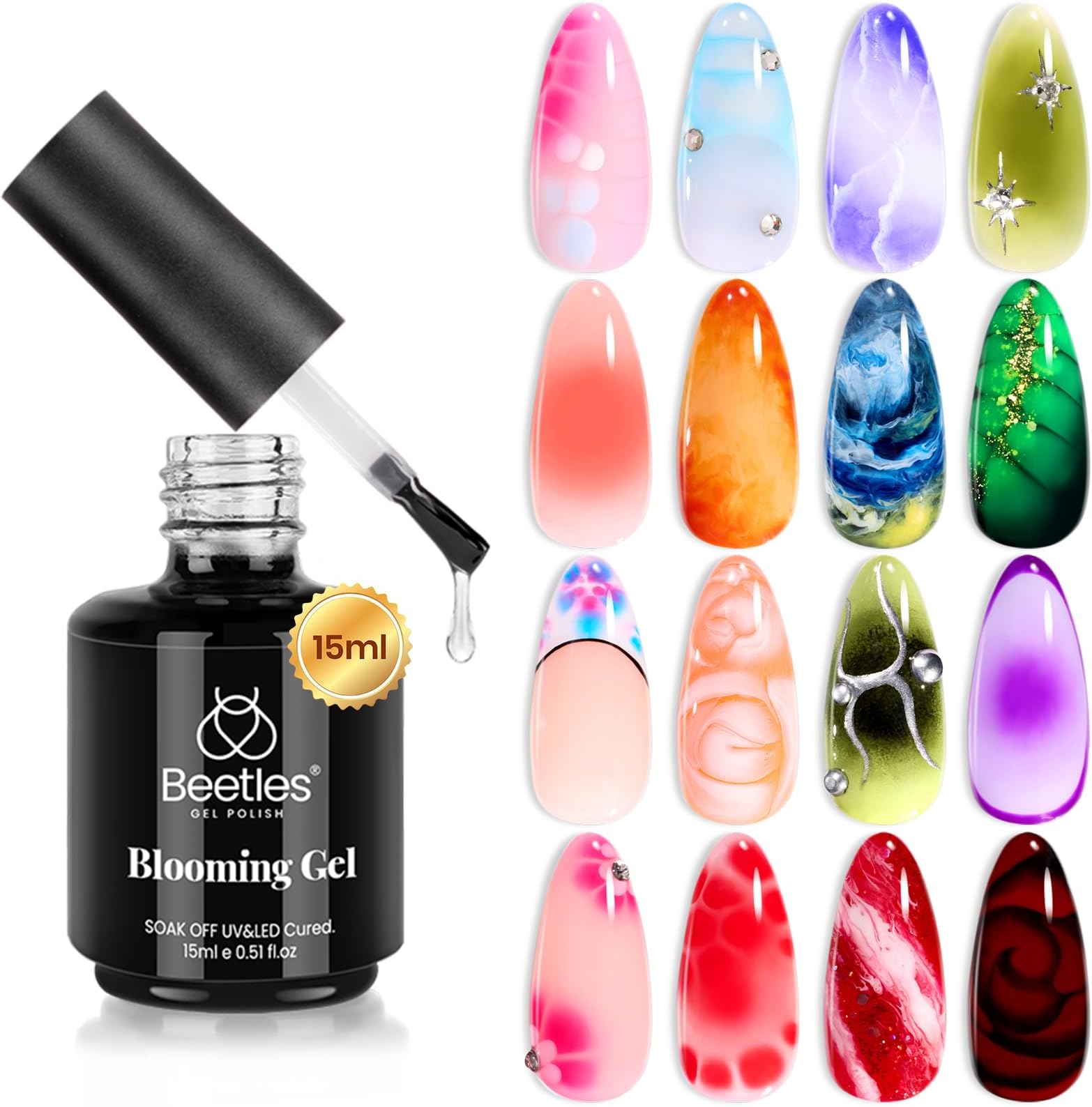 beetles Blooming Gel 15ml Clear Blossom UV Gel Polish for Spreading Effect Marble Natural Stone Watercolor Floral Print Soak off Nail Gel Diy Nail Art Design Manicure Gift for Girls
