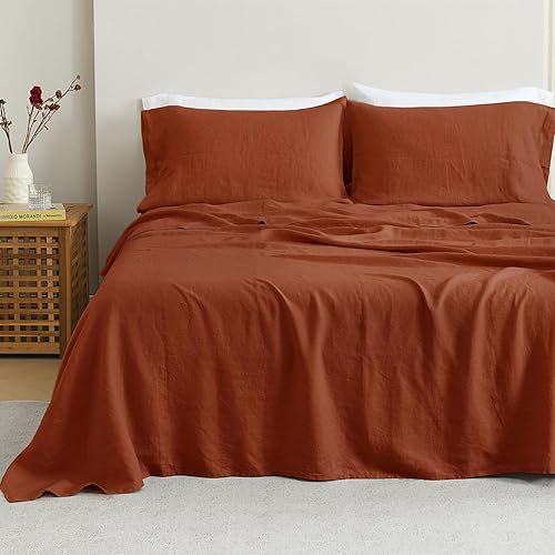 NORTH HOME Juego de sábanas de lino puro lavado, sábanas de 100% lino francés lavado a la piedra con bolsillo profundo de 16 pulgadas, ultra suaves