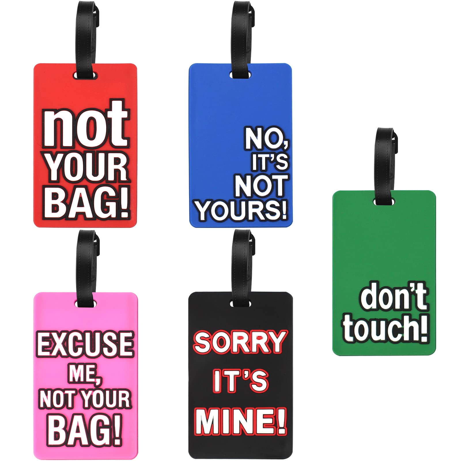 JustYitJustYit 5 Pack PVC Personalised Luggage Tags with Name ID Card Funny Words Suitcase Tags, Colorful Secure Travel Luggage Labels for Travel, Baggage Identity ID Labels