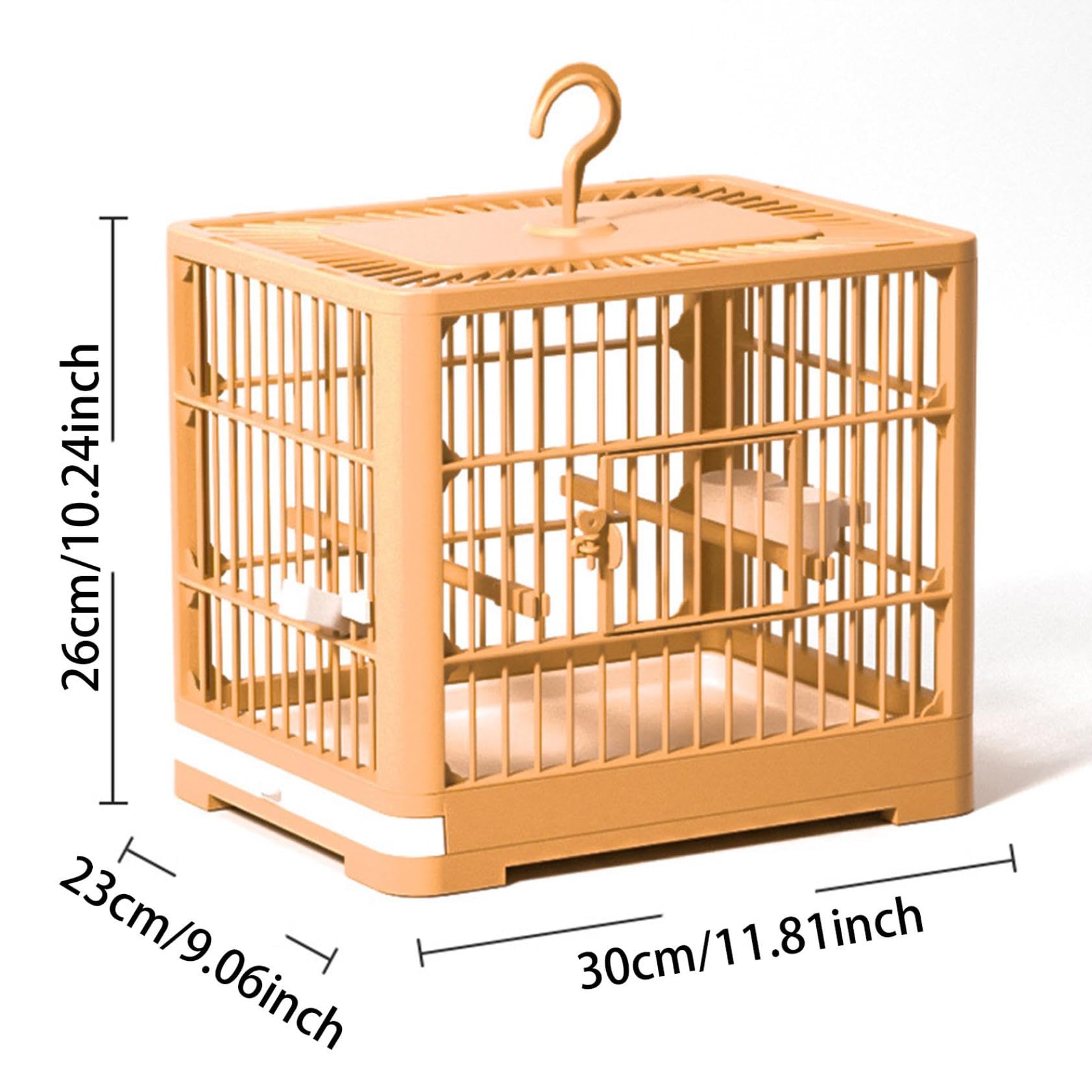 Cage de transport pour petits oiseaux, portable, légère, avec perche sur pied, pour perroquets, perruches, calopsittes, inséparables, plateau amovible et poignée à crochet (blanc et marron)