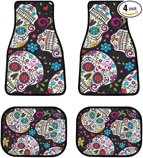 Flower Sugar Skull Car Floor Mat 4-Piece Universal Car Floor Rugs Non-Slip Car Carpet All Weather Interior Auto Mats Full Set for SUV Sedans Trucks
