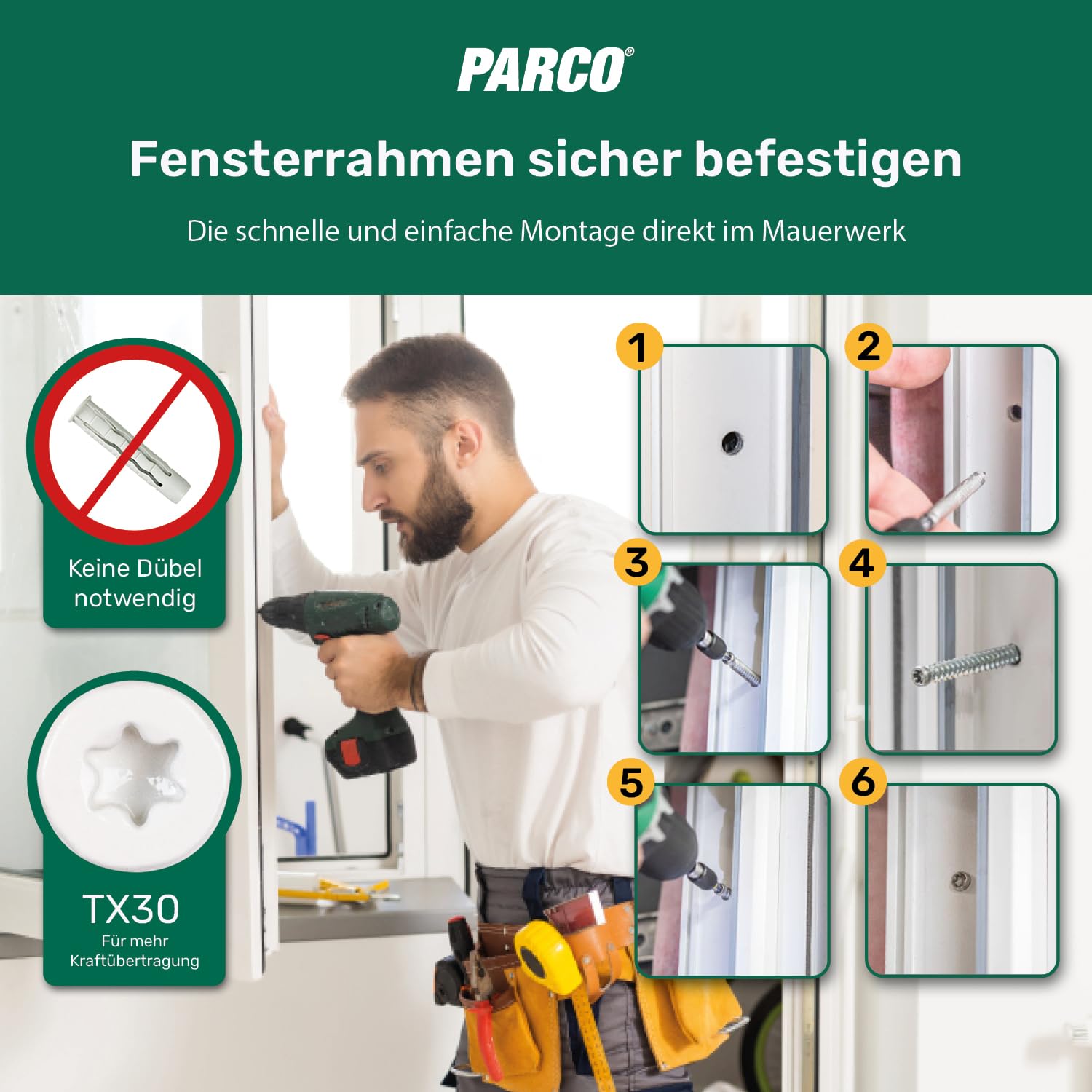 PARCO Vis pour cadre de fenêtre mm - Couleur - Vis de fenêtre galvanisée pour bois, plastique et aluminium - Pour montage sur fenêtre sans chevilles - Pour montage à distance (RAL 9016, 7,5 x 132 mm)
