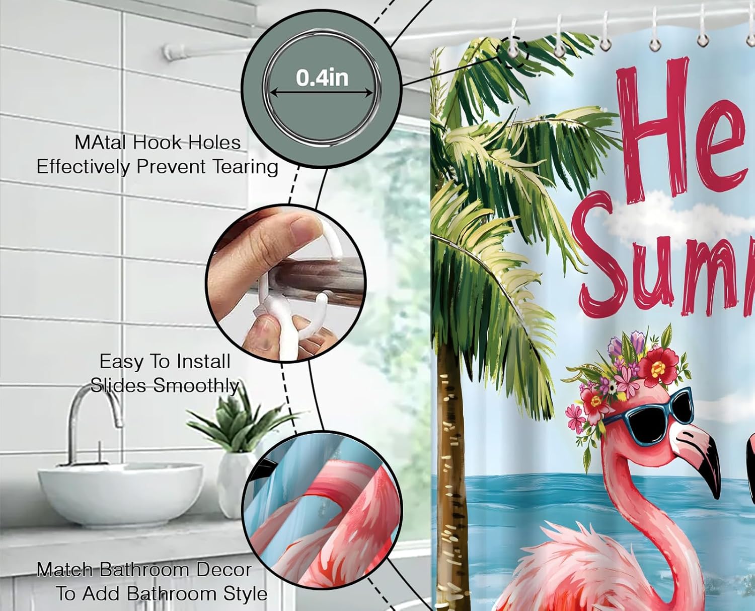 Ocean Beach Extra Long Shower Curtain,Pink Flamingo Tropical Palm Tree Coastal Summer Blue Bathroom Home Curtain Decor with Hooks,70x78 Inch