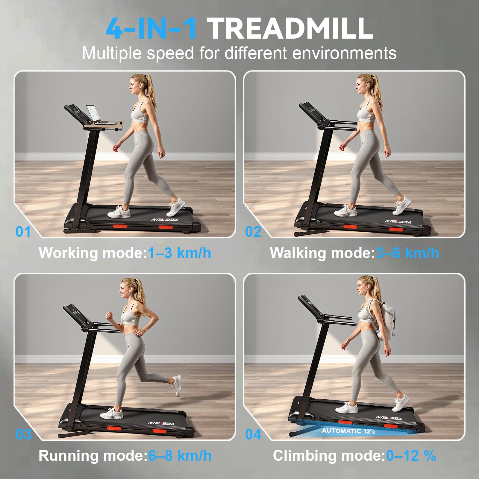 Cinta de Correr, Cinta de Correr Plegable 4 en 1: inclinación Regulable eléctricamente hasta un 12%; Velocidad de 1-8 KM/H; con Pantalla LED y Panel de Control; Plataforma y barandillas Desmontables.