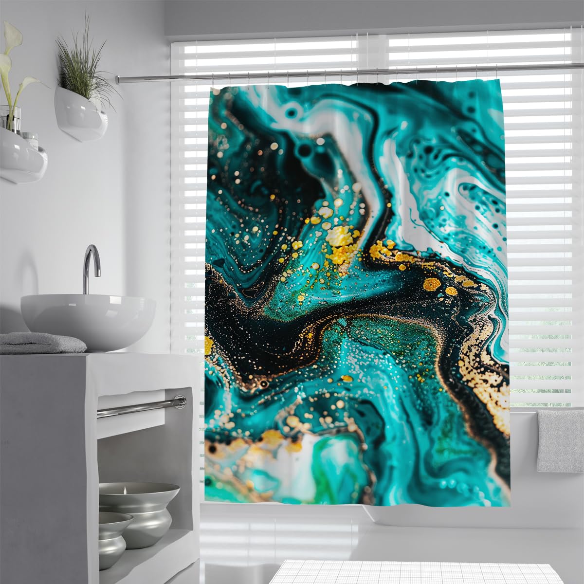 UIRINGART Abstract Marble Shower Curtain W150xL200cm Teal Emerald Green Fluid Art Agate Modern Pattern Washable Waterproof Fabric Bathroom Curtains Home Decorative