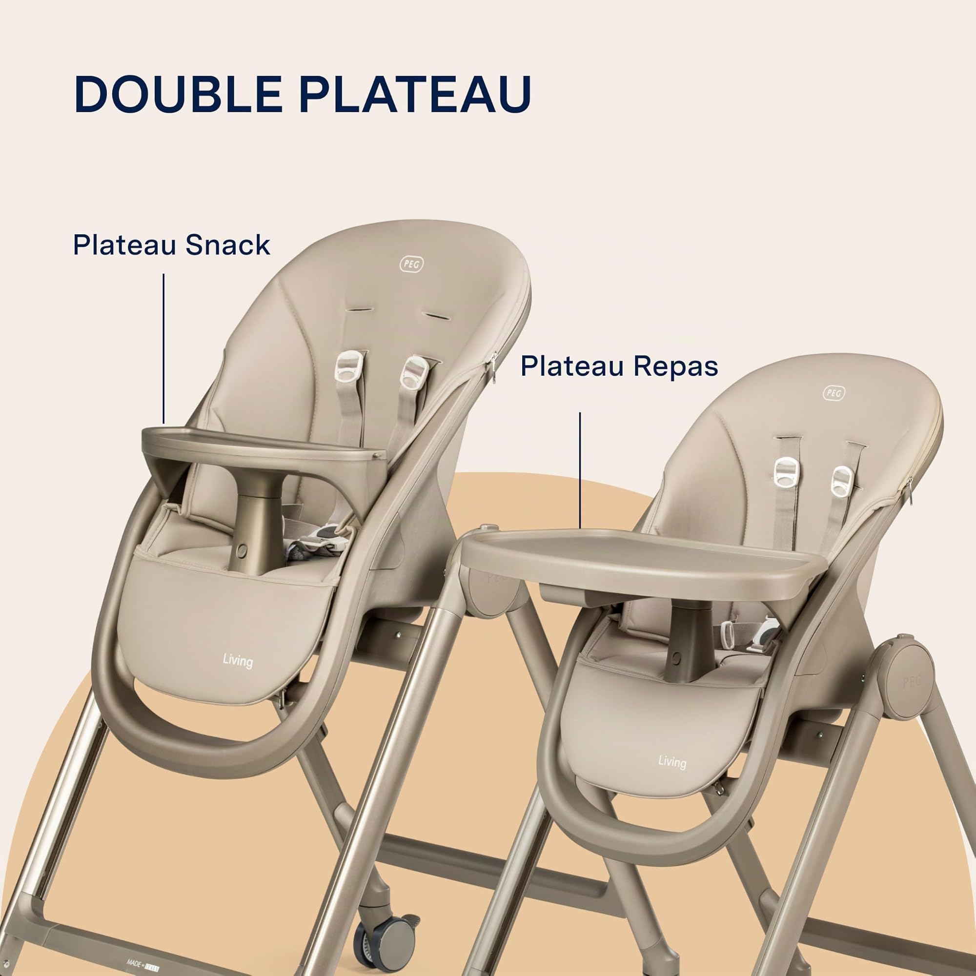PEG Living Chaise Haute dès la Naissance, Design Contemporain, Fonction Transat, Hauteur Réglable, Double Plateau, 4 Roues 360°, Fermeture Compacte, 0–3 Ans (0–15 kg), Space Sand