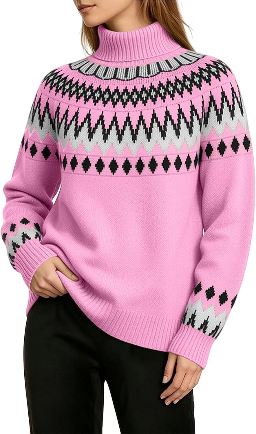 Womens Fair Isle Turtleneck Knit Sweater Long Sleeve Loose Pullover