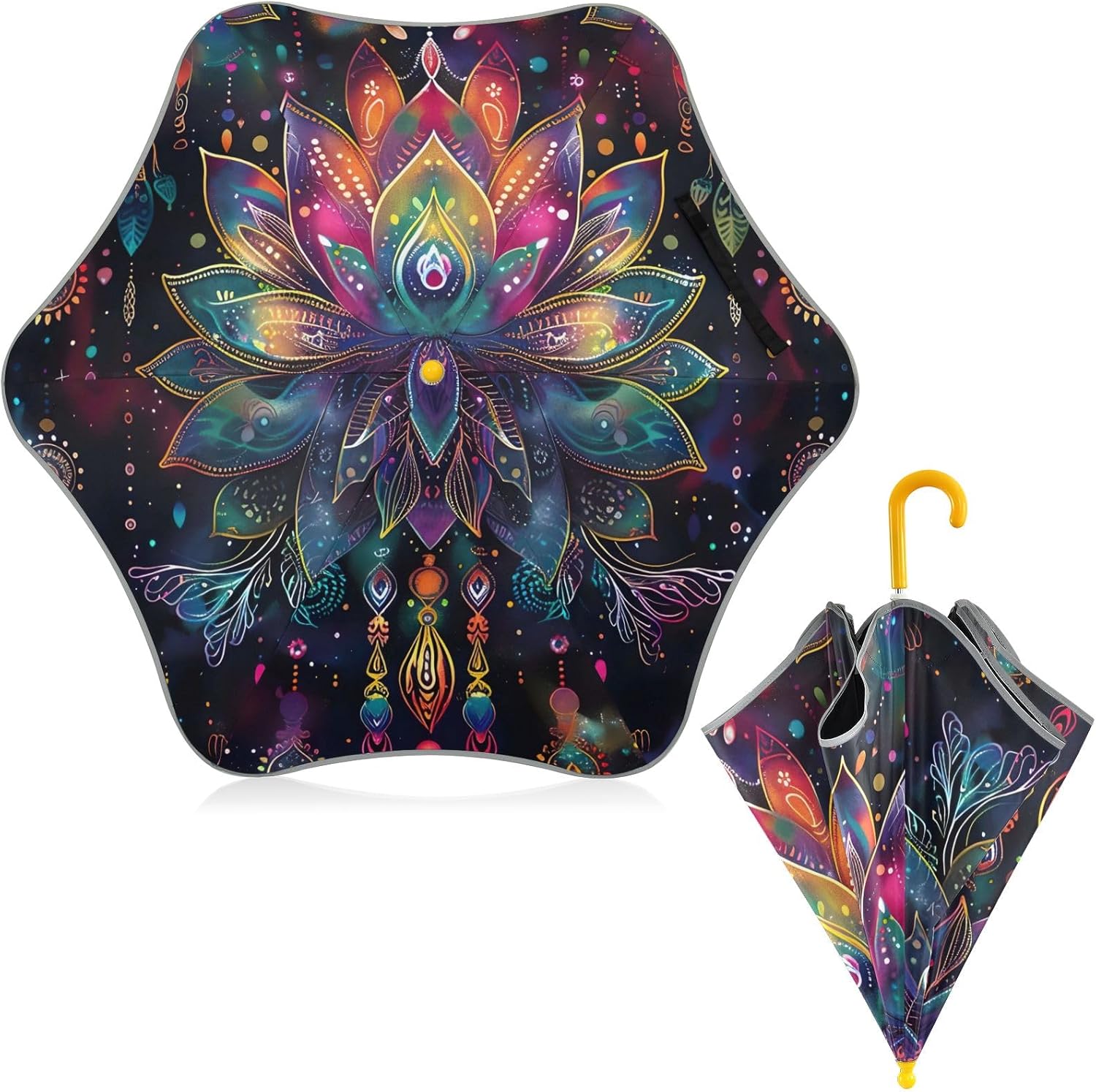 ODAWA Mandala Black Stick Umbrellas for Kids with J Hook Handle Rounded Corner Umbrellas for Rain Age 3-8