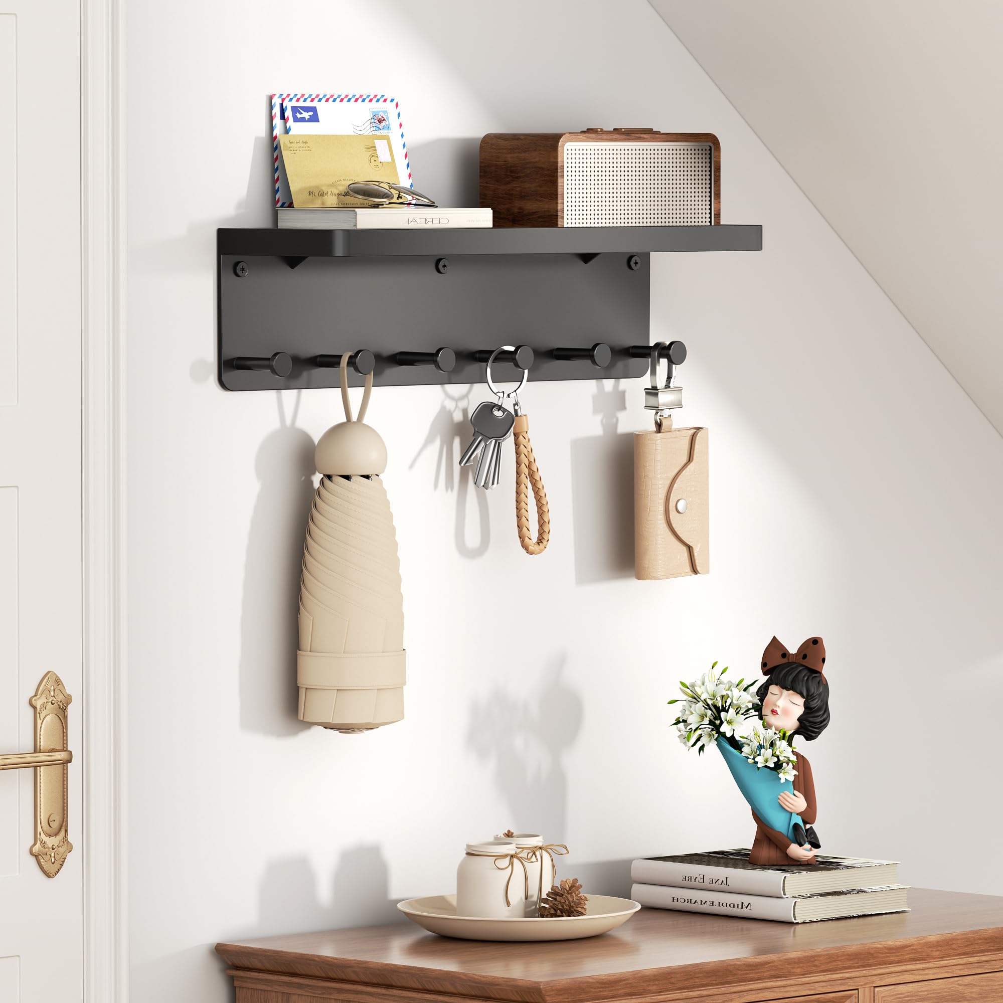 ZoZoMaiy Sleutelrek met plank, wit, metalen sleutelhouder met 8 haken, sleutelhouder voor hal, modern, sleutelbord met schroeven, bevestigd voor hal, ingang, woonkamer, 43 x 8,4 x 7 cm
