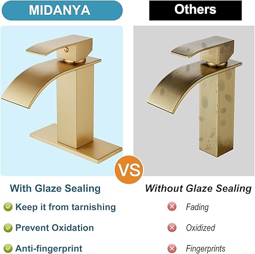 Miniatura 9 de Midanya Grifo de lavabo de baño de cascada negro mate con mango dorado cepillado, grifo de baño de un solo agujero, grifo de lavabo de tocador de