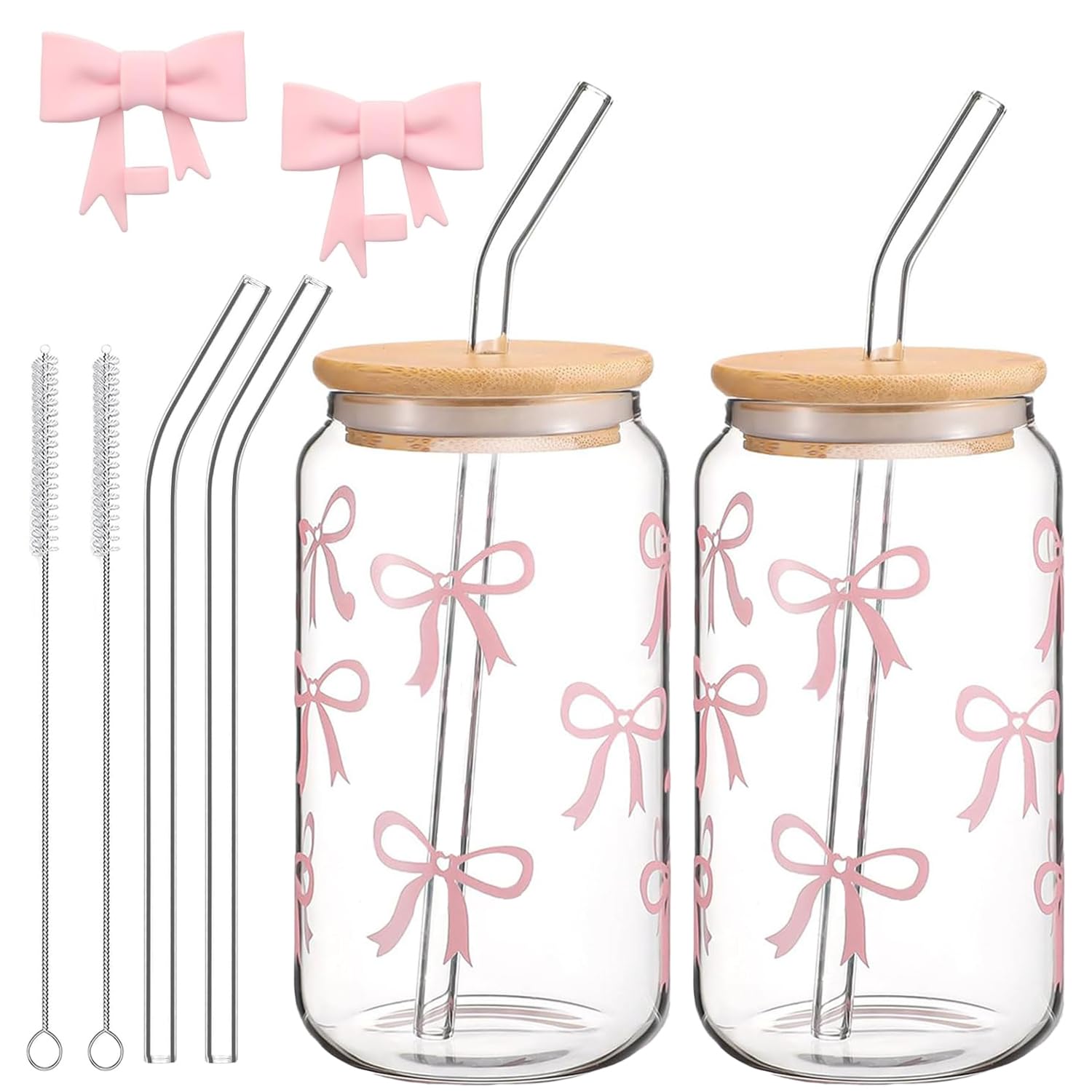 Cnwinu Bow Glass Cups with Lids and Straws Set,2PCS 500ml Iced Coffee Cups with Cleaning Brushes,Clear Cute Reusable Matcha Cup Tumbler Cup for Tea,Coffee,Juice,Cocktail(Pink Bow)