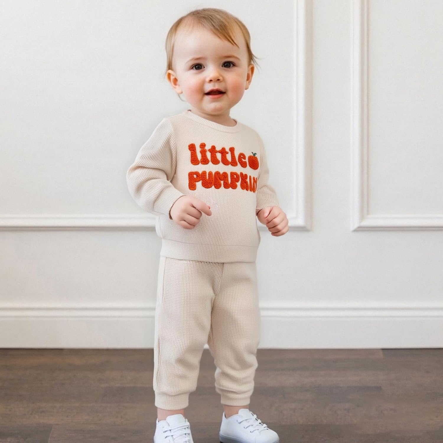 Karuedoo Toddler Baby Boy Halloween Outfit Little Pumpkin Embroidered Waffle Knit Sweatshirt and Pants Set 2Pc Fall Clothes - Image 4