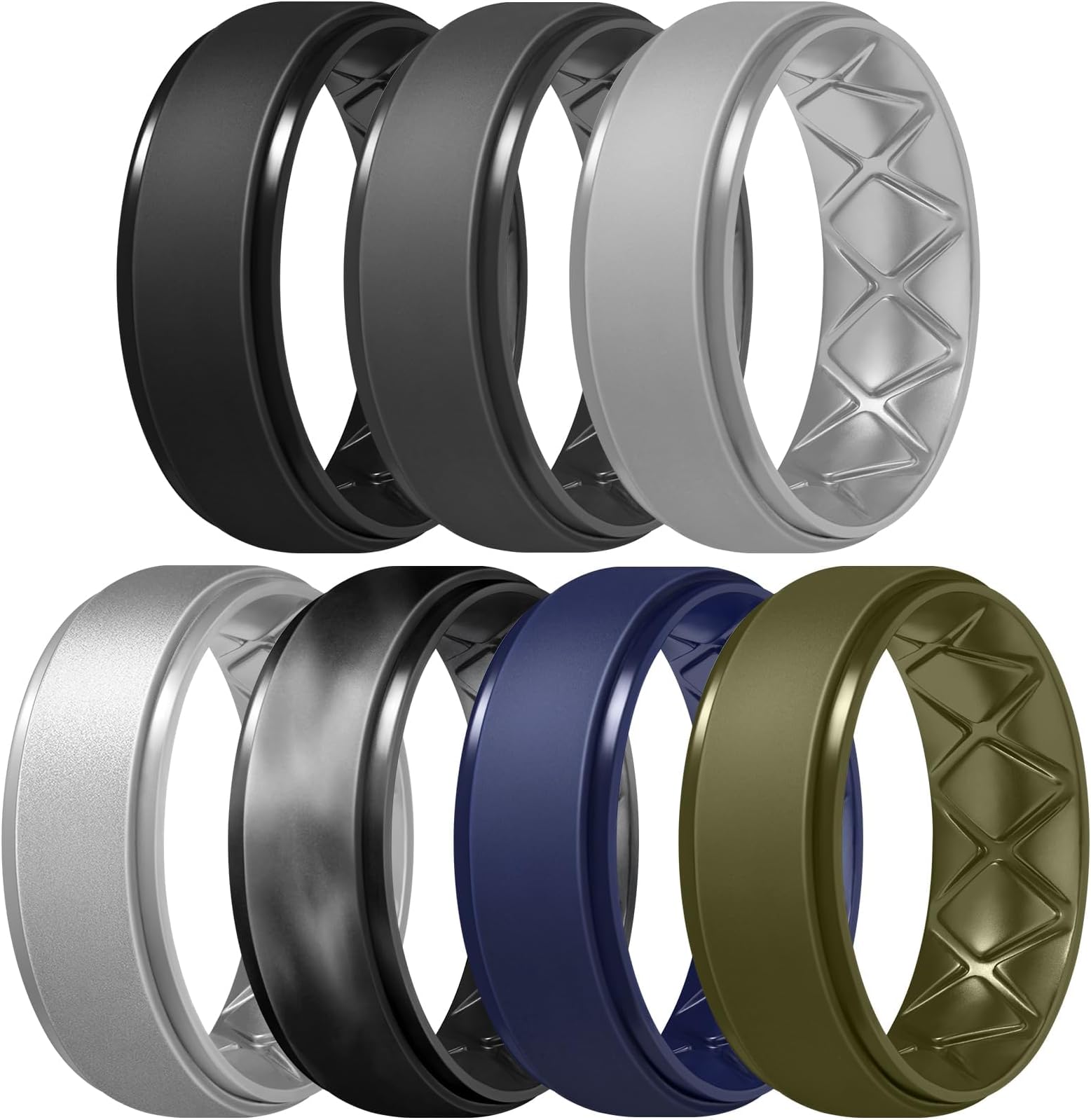 Egnaro Men's Rings 8.5mm Wide-2mm Thick Inner Arc Ergonomic Breathable Rubber Wedding Bands-Hypoallergenic for Gym/Outdoor/Gift((1-7 Variety Pack with Half Size)