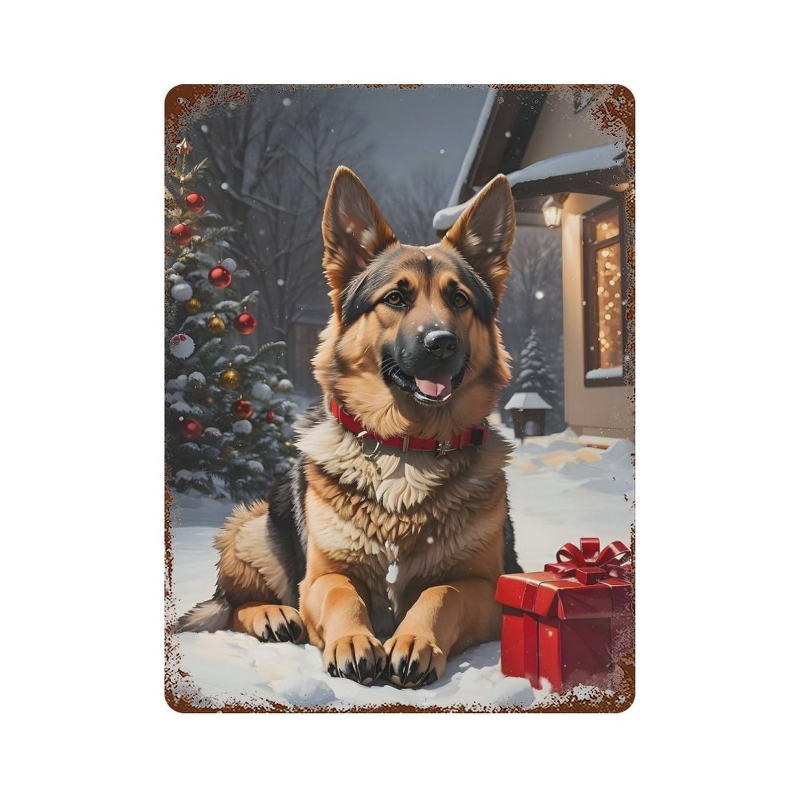 German Shepherd Xmas Dog Vintage Wall Sign 15.7"x11.8", Rust Effect Metal Decor for Living Room, Hallway And Home Decor