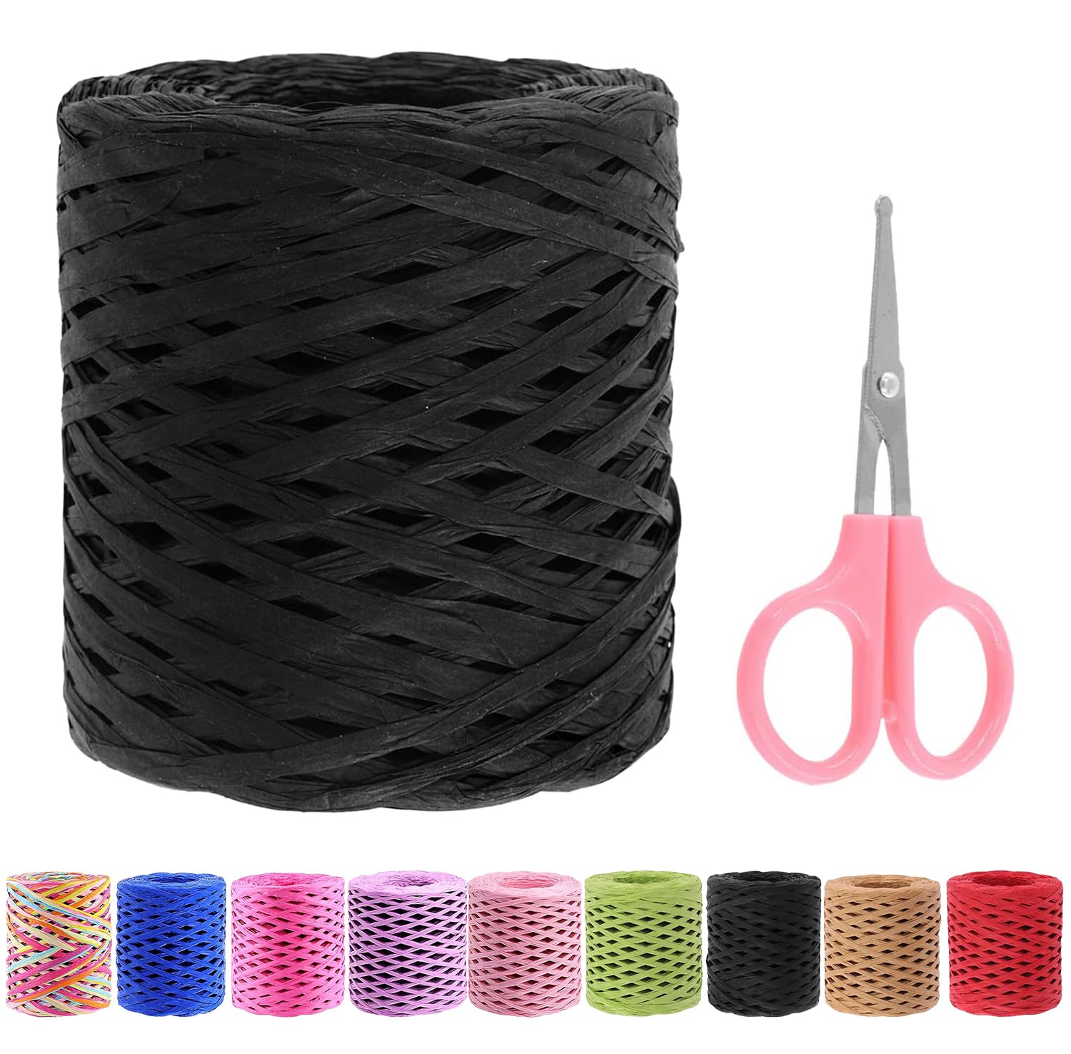 Swpeet 1 Roll Beautiful Black 218 Yards Raffia Paper Craft Ribbon with Scissors Assortment Kit, Natural Raffia String Kraft Craft Packing Paper Twine for Gifts DIY Supplies Flower Bouquets Decorations โ image 1