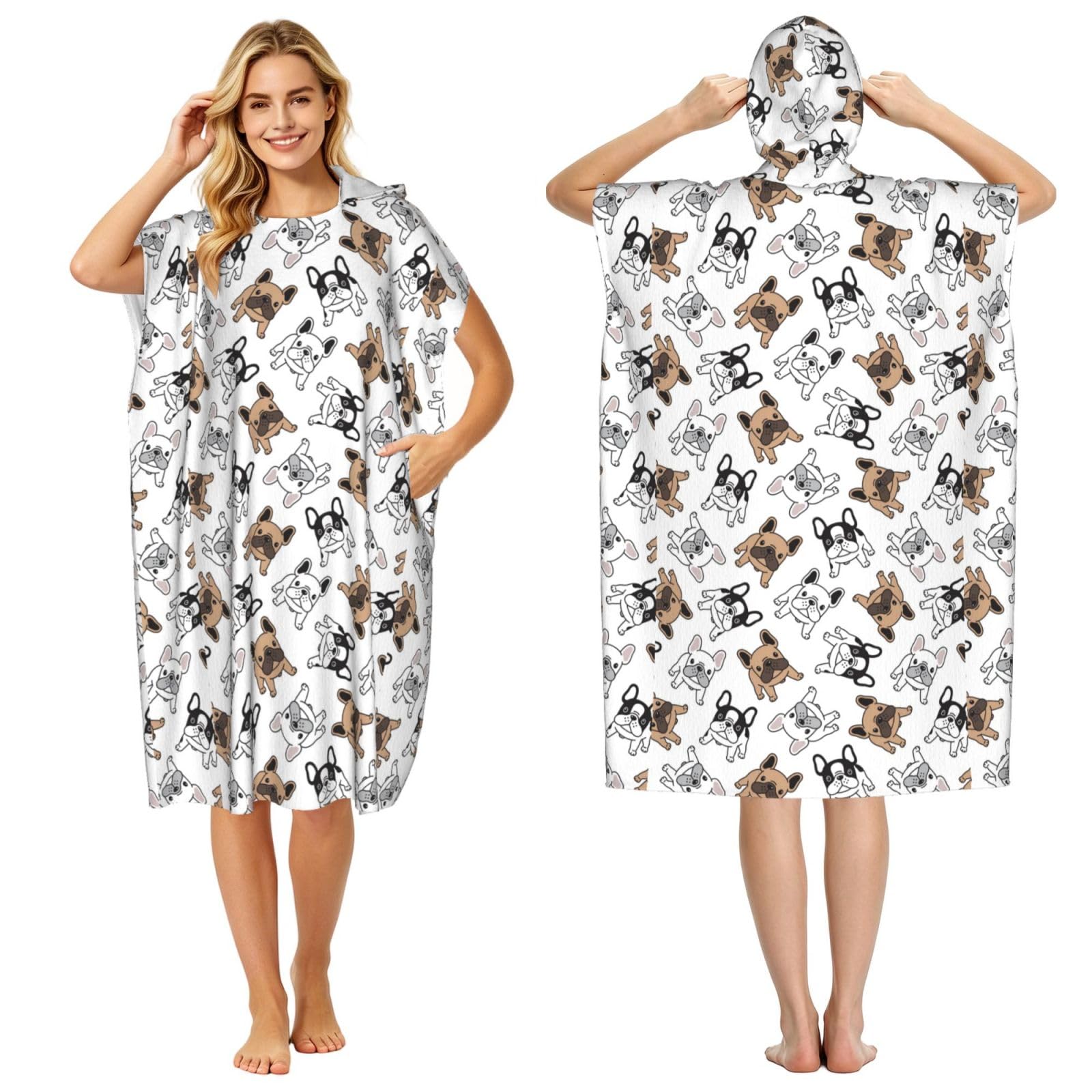 Poadnly French Bulldog, Adult Hooded Beach Towel 90 x 110 cm,Changing Bath Robe, Surf Poncho Towel For Women Men