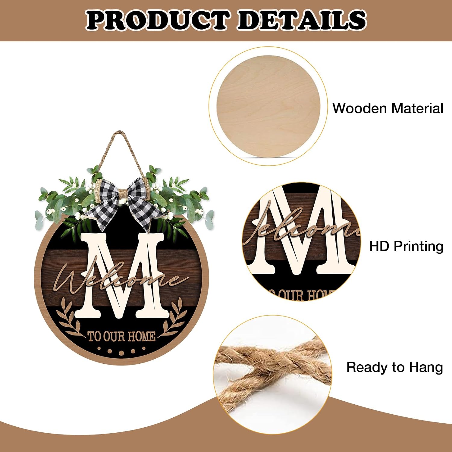 Monogram Letter M Front Door Sign, Welcome to Our Home Family Last Name Initial Wooden Hanger Decor Housewarming Wedding Gifts, Farmhouse Rustic Wreath Indoor Wall Hanging Decoration with Bow