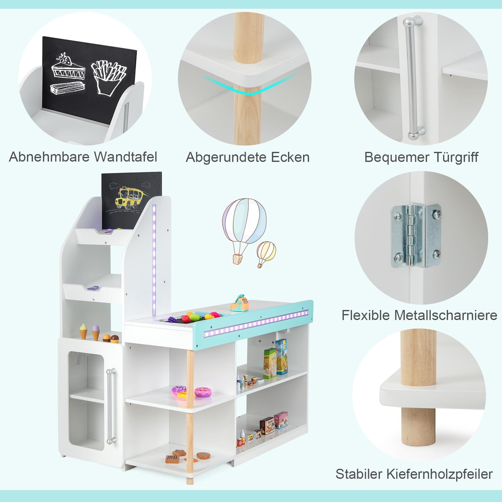 COSTWAY Kaufladen Kinder mit Einkaufswagen, Einkaufsladen Holz mit Kasse & 39 Zubehör & Tafel & LED-Lichter & Fernbedienung, Supermarkt Spielzeug für Kinder ab 3 Jahren