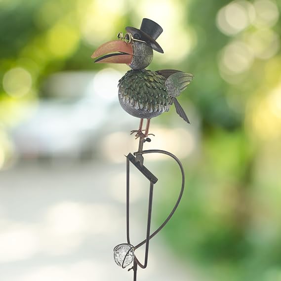 Red Carpet Studios Garden Stake Yard Art Metal and Glass Balance Rocker with 4-Prong Stake, 51 Tall, Wise Old Crow