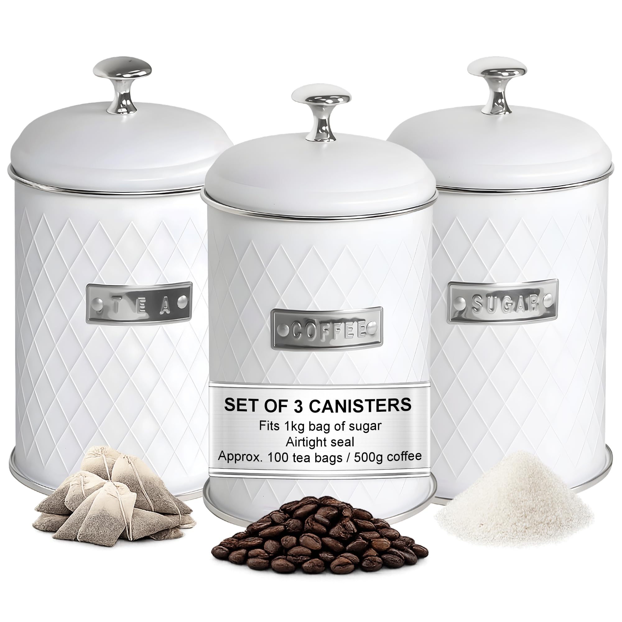 Limitless Essentials Tea Coffee Sugar Canisters – Airtight Metal Kitchen Storage with 1kg Sugar Capacity – Set of 3, Matte White Geometric Body with Gloss Silver Stainless Steel Details — image 1