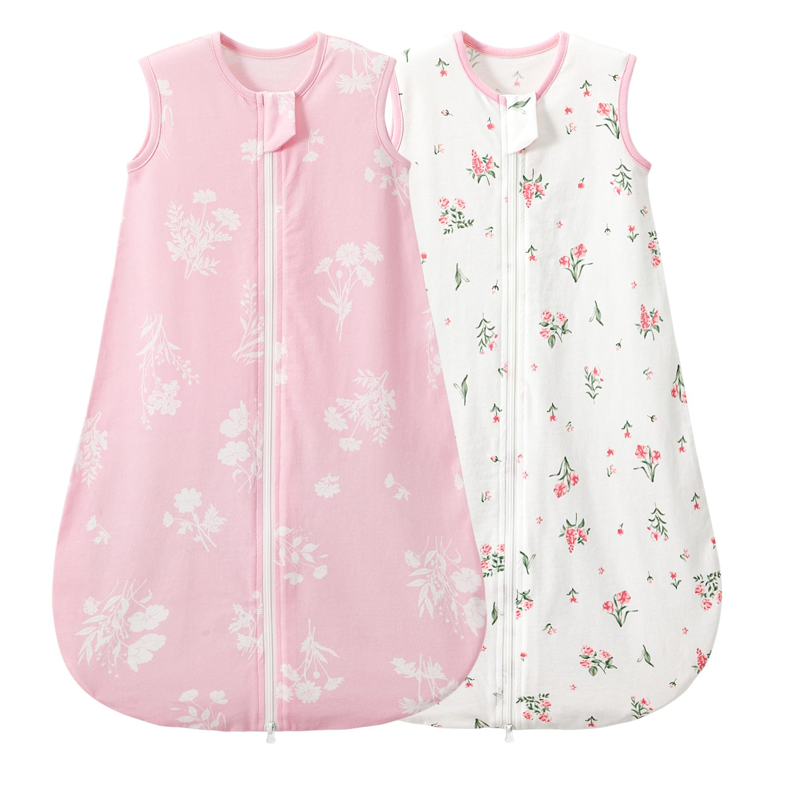 Duomiaomiao Baby Schlafsack 2er 1.0 Tog Schlafsack,Schlafsack 100% Baumwolle ganzjährig Babytragbare Decke unisex Kleinkind Neugeborener Schlafsack 18-36 Monate, Hase und Fuchs(pink-violette Blumen)