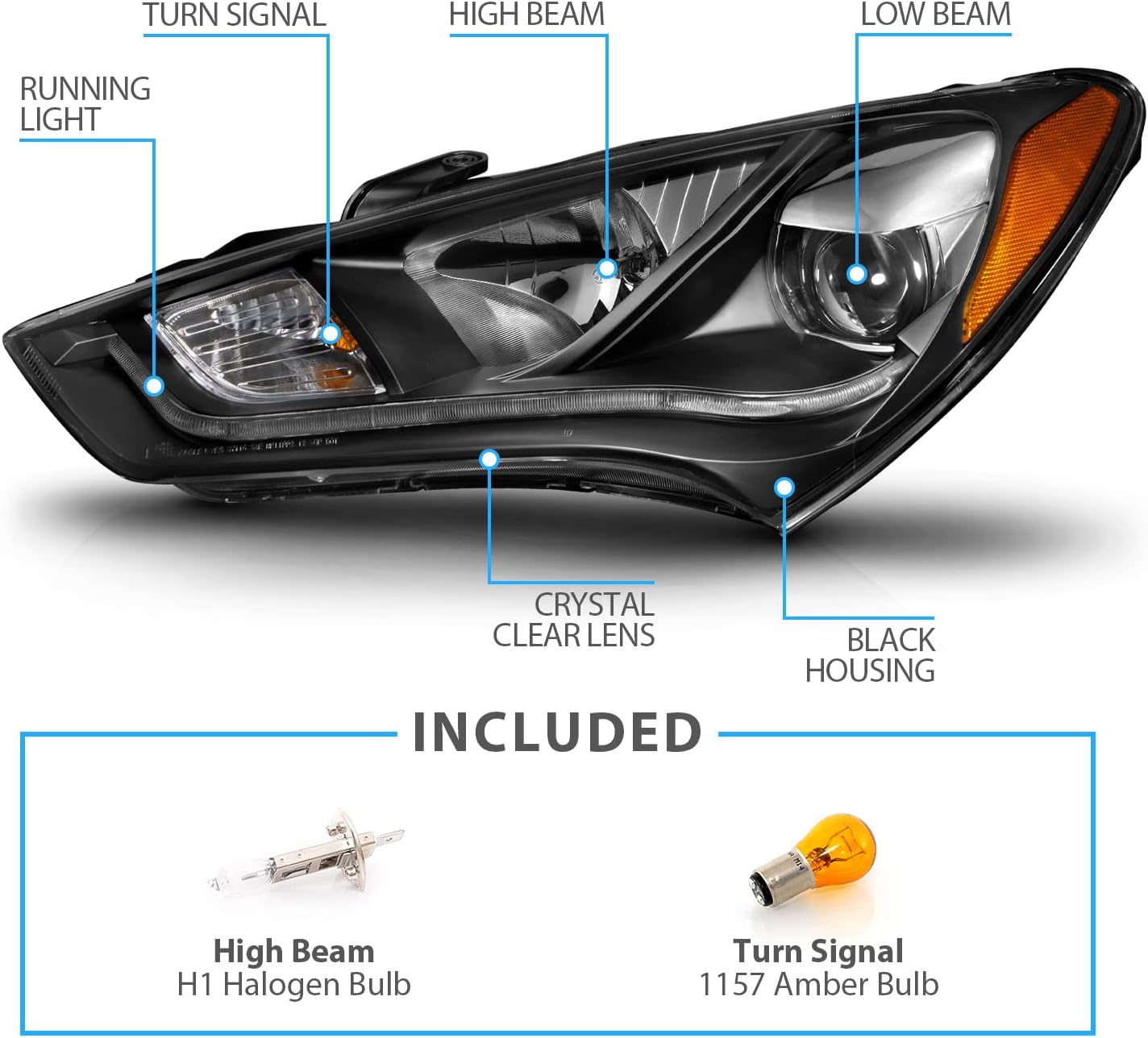 AmeriLite Black Projector Plank LED Style Headlights for 13-15 Hyundai Genesis HID Model Coupe - Passenger and Driver Side