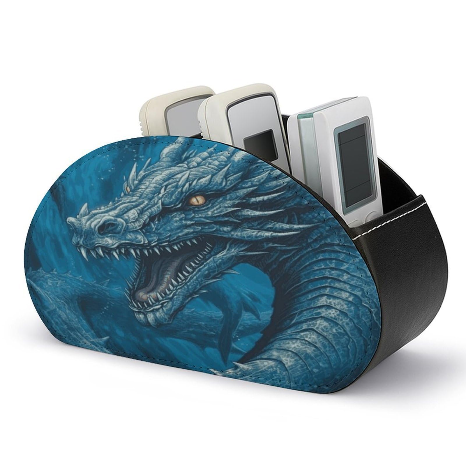 JTREHY Dragon Cool Blue Remote Control Holder 5 Compartments Remote Caddy Tray PU Leather TV Remoter Storage Box Bedside Table Storage Organizer Office Desk Storage Case