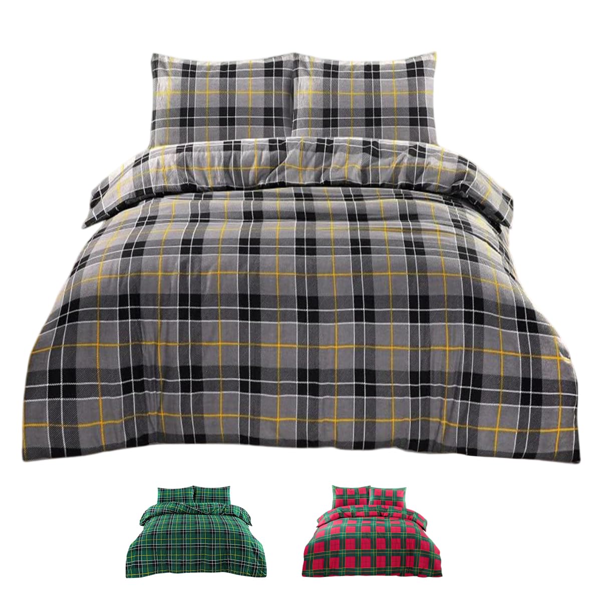 Rohi Grey Luxury Tartan Check Thermal Brushed Cotton Double Duvet Cover Set With Pillowcases - 1X Double Bed Duvet Cover 200Cm X 200Cm & 2X Tartan Checked Pillowcases 50Cm X 75Cm (Grey)