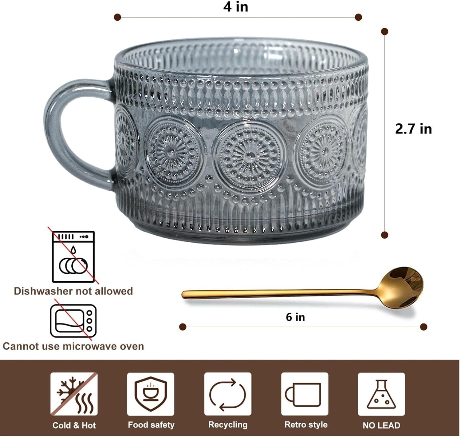 Vintage Glass Coffee Mugs, 14 Oz Set of 2 Embossed Glassware Tea Cups for Breakfast, Dessert, Cappuccino, Latte, Cereal, Yogurt, Beverage Gift - Image 5