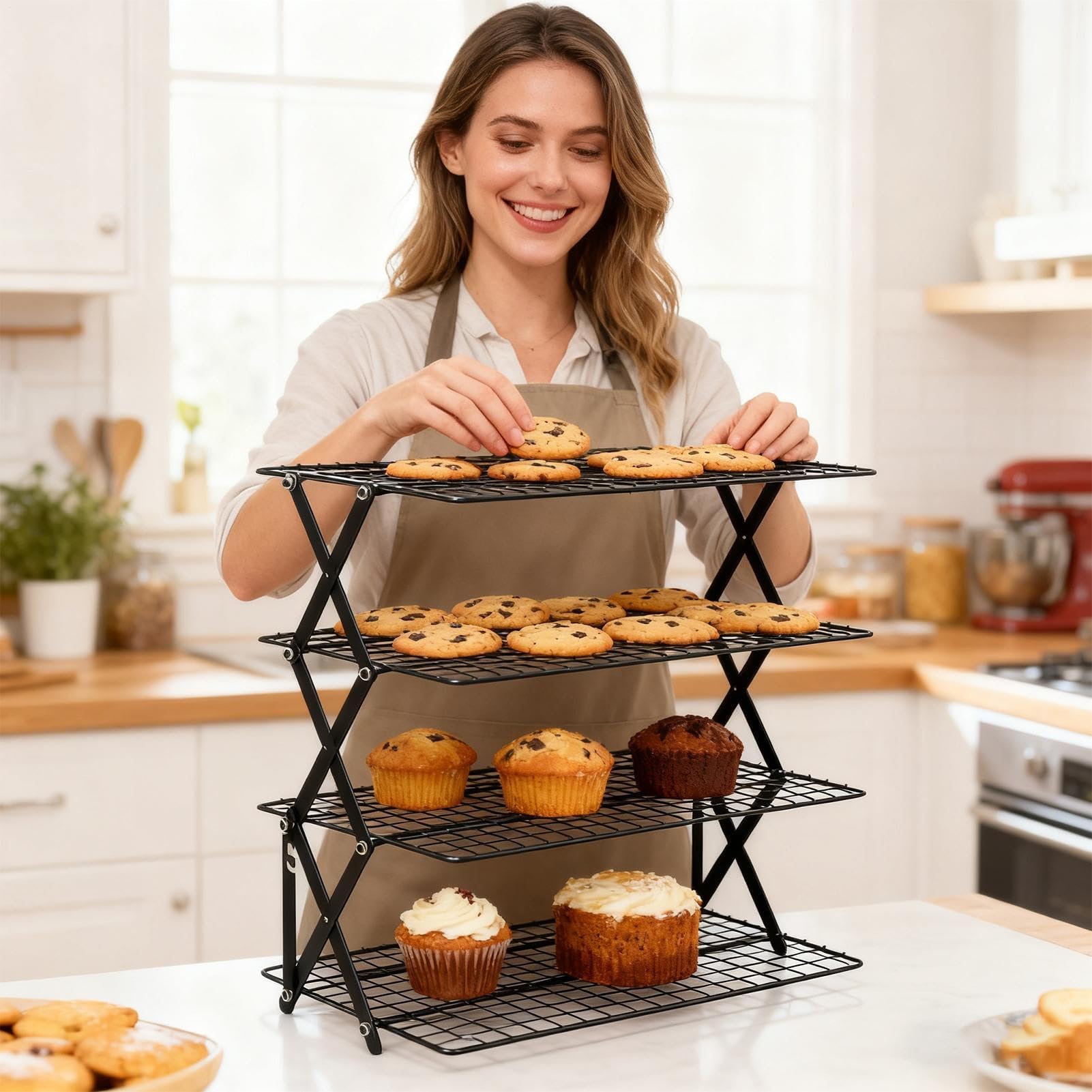 Rejilla de refrigeración plegable apilable de 4 niveles para ing – Versátil estante de alambre para secar galletas y alimentos para asar, asar, postres, frutas y veterinarios – ideal para fiestas y