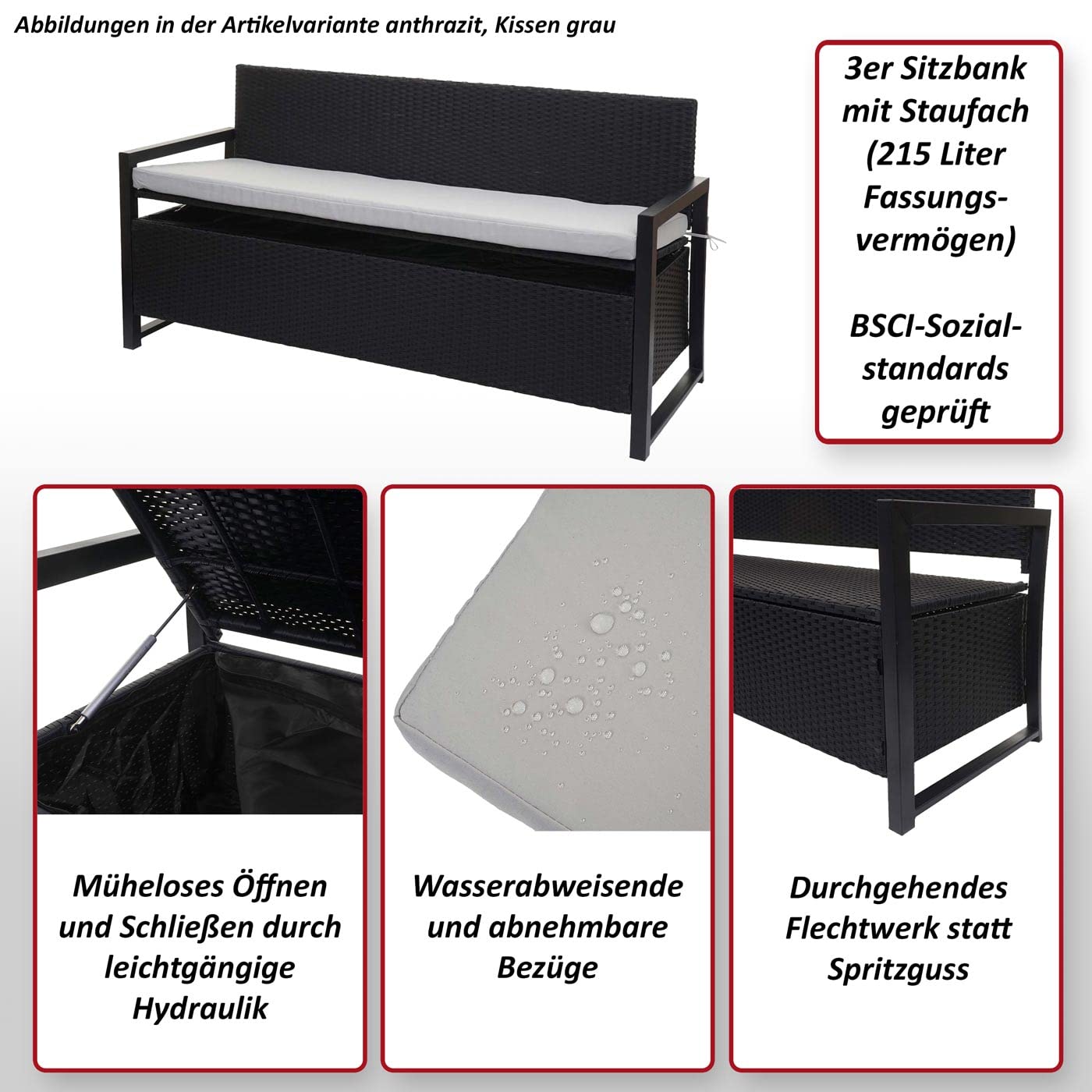 Mendler Poly-Rattan 3er Sitzbank HWC-F39, Gartenbank Truhenbank 