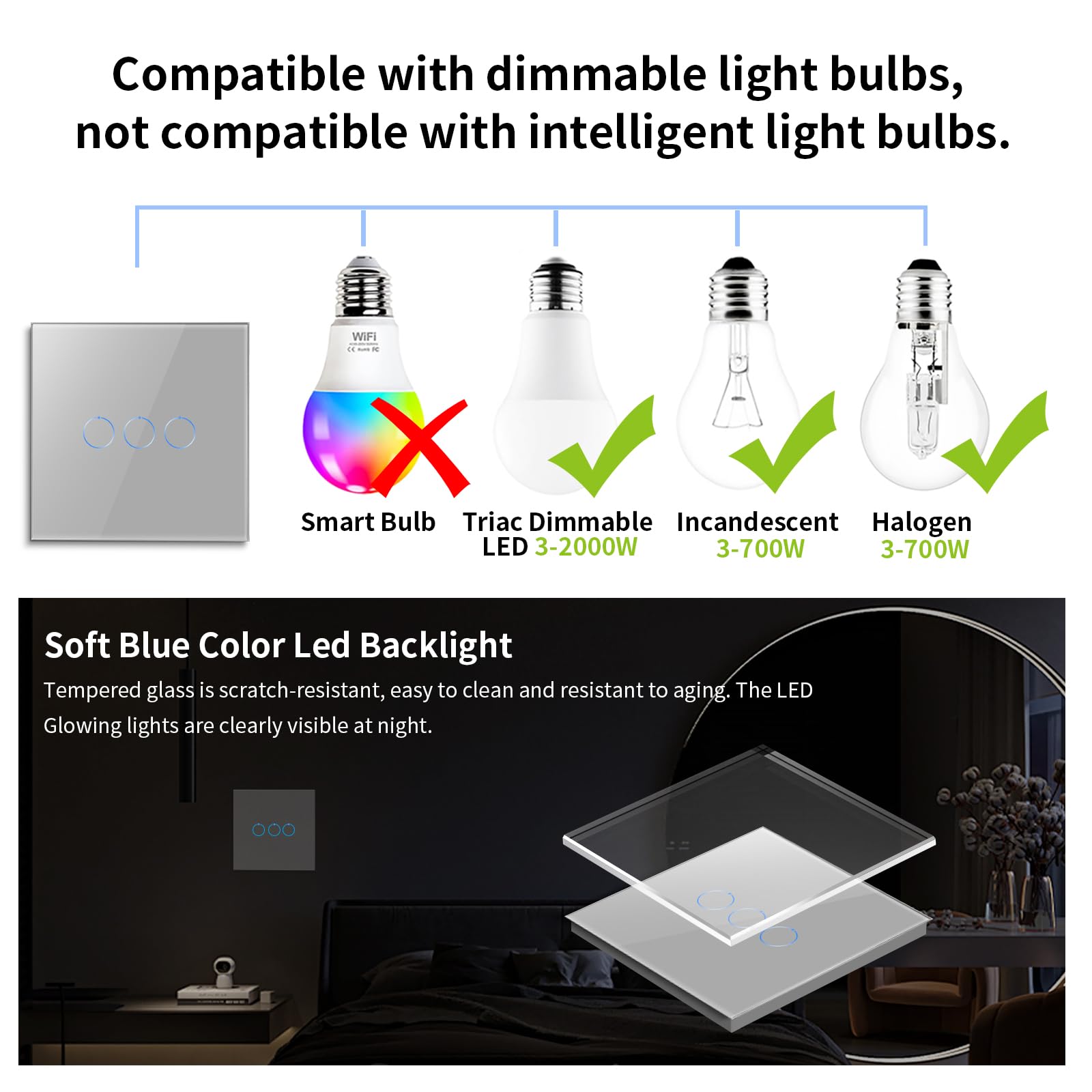 CNBINGO Smart Dimmer Switch for Dimmable LED Light, Voice Control by Alexa, Remote Control by Smart Life App, WiFi Touch Light Switch with Glass Wall Plate, Backlight, Neutral Wire Required - Image 3