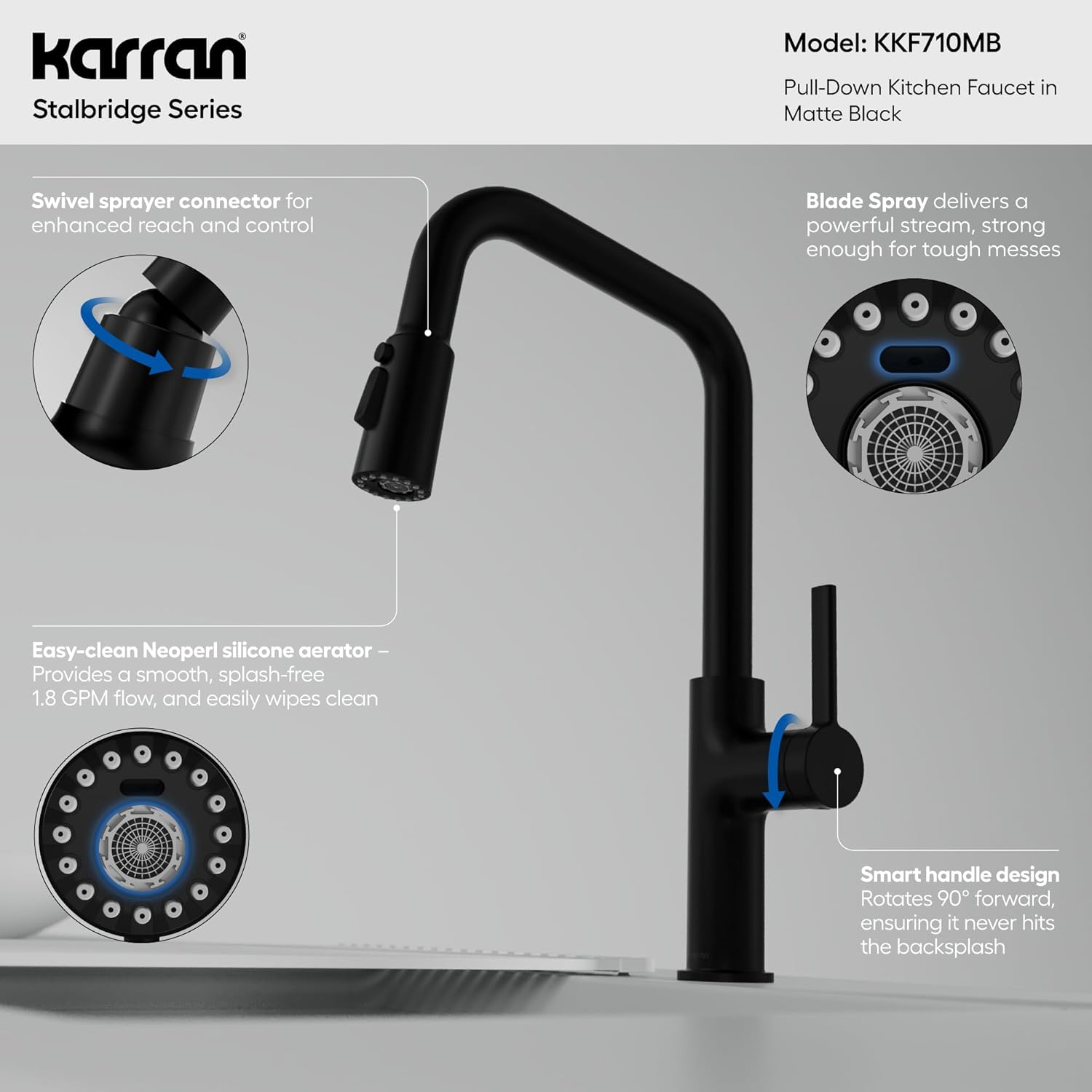 Karran Stalbridge Pull-Down Kitchen Faucet, Single Handle High Arc Design – 3-Function Blade Spray, Spot-Free Finish Options (Matte Black)