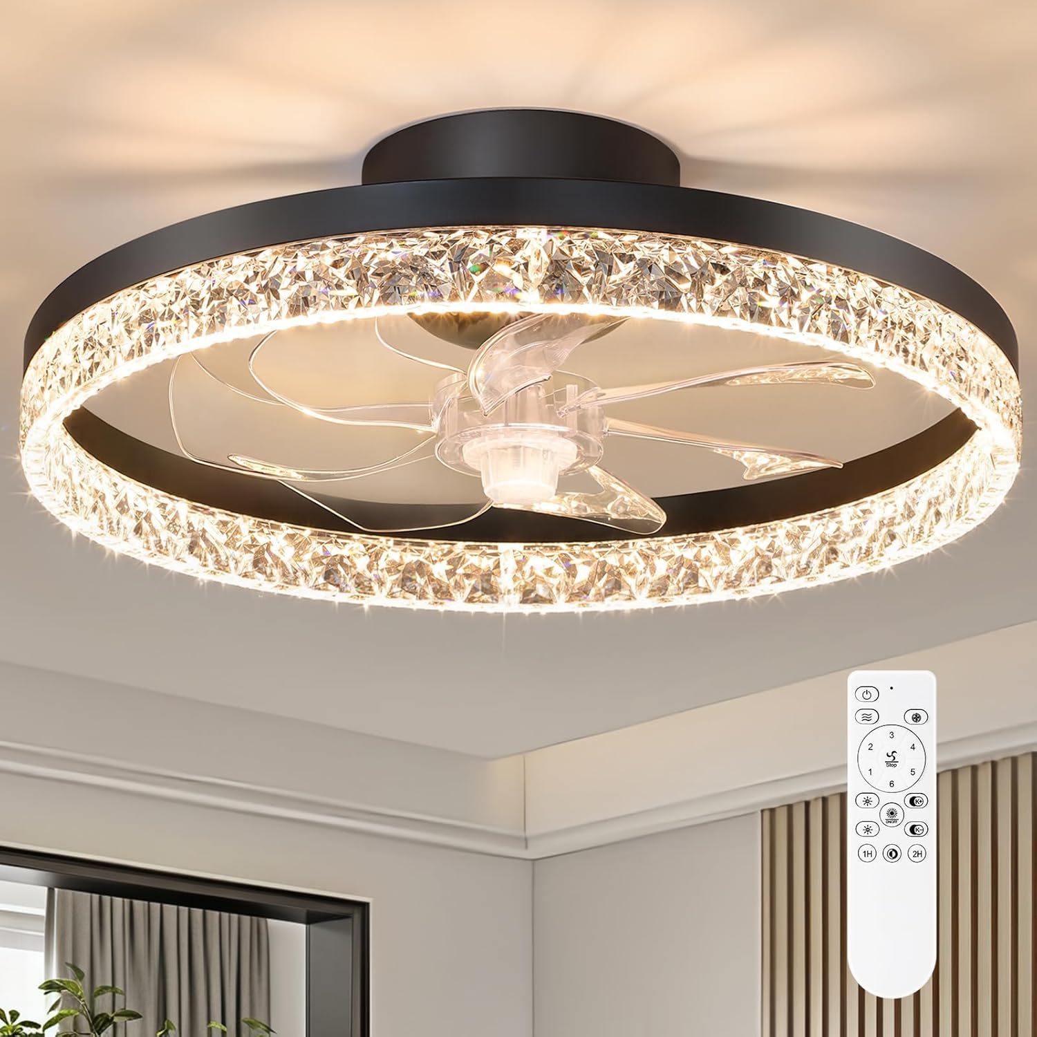 FOLKSMATE Ceiling Fan with Light and Remote, Low Profile Flush Mount Crystal Fandelier, Modern 6 Speeds Quiet Reversible, 2800-6500K Dimmable LED, Timer Fan Light for Bedroom Living Room Kitchen