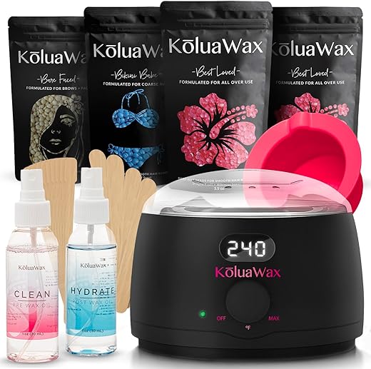 KoluaWax Premium Waxing Kit for Women - Hot Melt Hard Wax Warmer for Hair Removal, Eyebrow, Bikini, Legs, Face, Brazilian Wax - Machine (Pack of 4) Beads, Accessories, Black