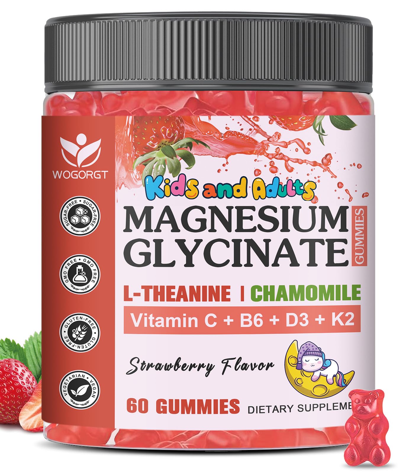 Magnesium Glycinate Gummies for Kids, Cognition Support, Sugar Free, 60Ct Strawberry 60 Count (Pack of 1)