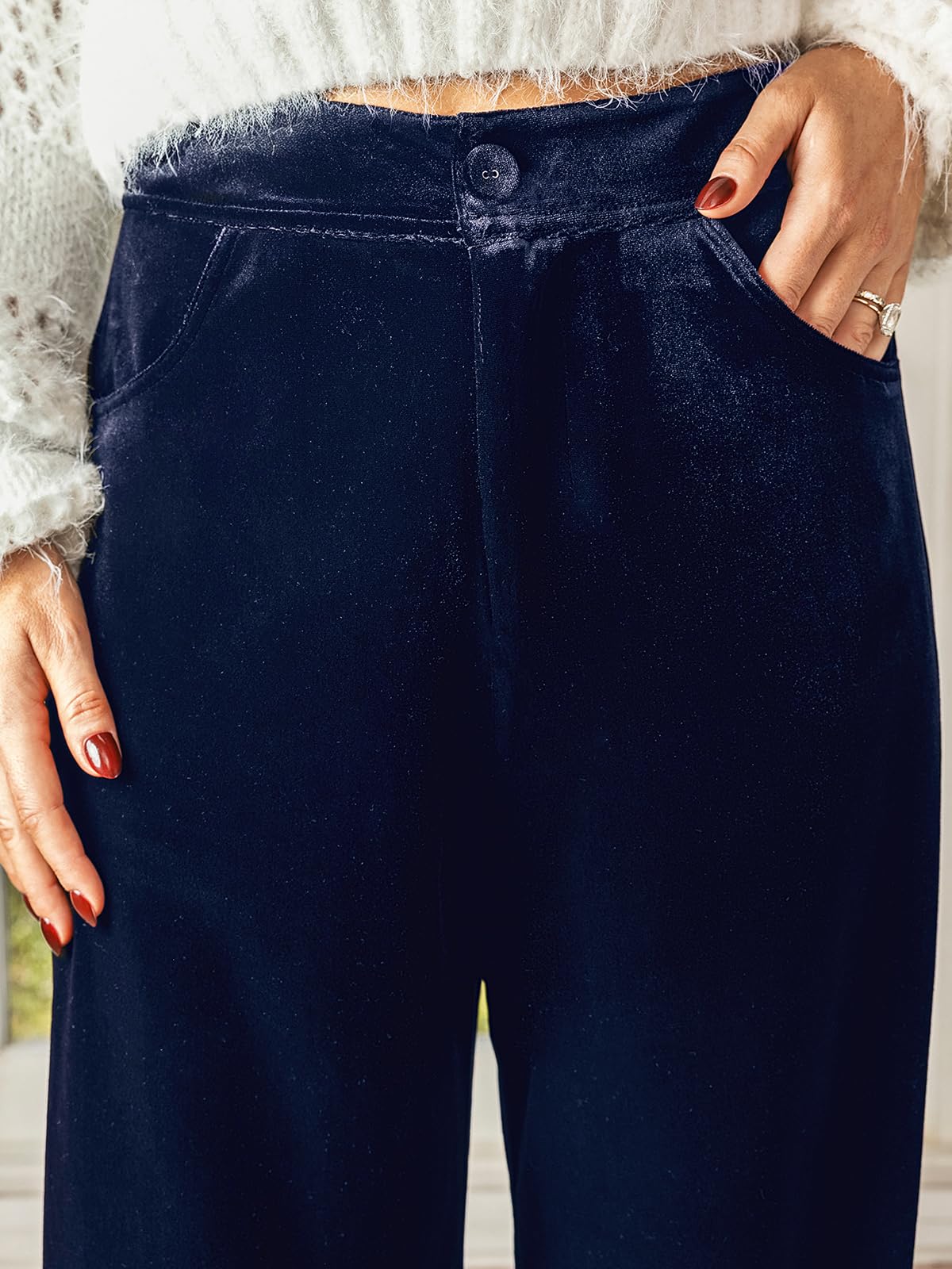 CUPSHE Pantalon Palazzo en velours pour femme - Jambe large - Taille haute - Style décontracté - Avec poches