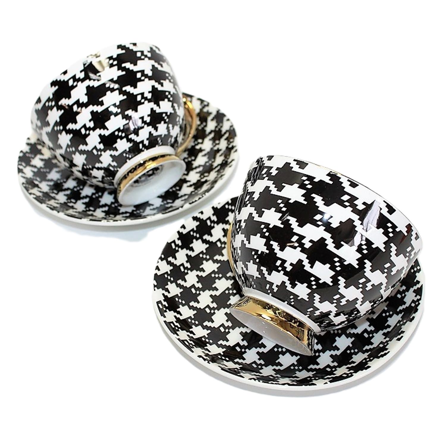 Set di 2 Tazzine da Caffè in Porcellana con Piattino, Motivo Pied de Poule Bianco e Nero, Dettagli Dorati, Elegante Confezione Regalo