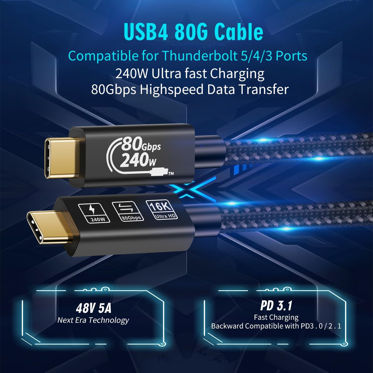 CABLEDECONN USB 4 Extension 0.5M Super High Speed 80Gbps Thunderbolt 5 Data Cable 240W Quick Charging 16K Ultra HD Video Connection USB Type-C Cable
