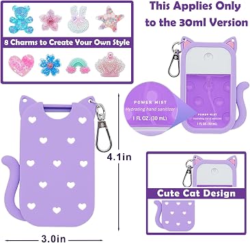 Cat Silicone Case for Touchland Hand Sanitizer Spray with 8 Bling Charms & Keychain, Cute Customizable Holder Compatible with Power Mist & Glow Mist 1 FL Oz/30ML (Purple)