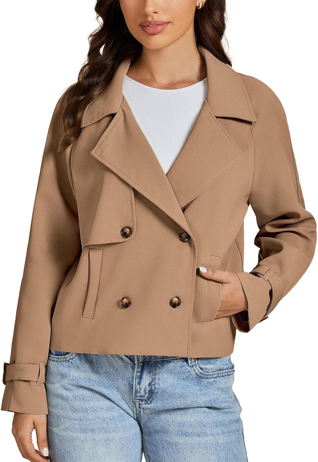 Short Trench Coat for Women 2024, Fall Winter Trendy Lightweight Short Double Breasted Jackets Coats