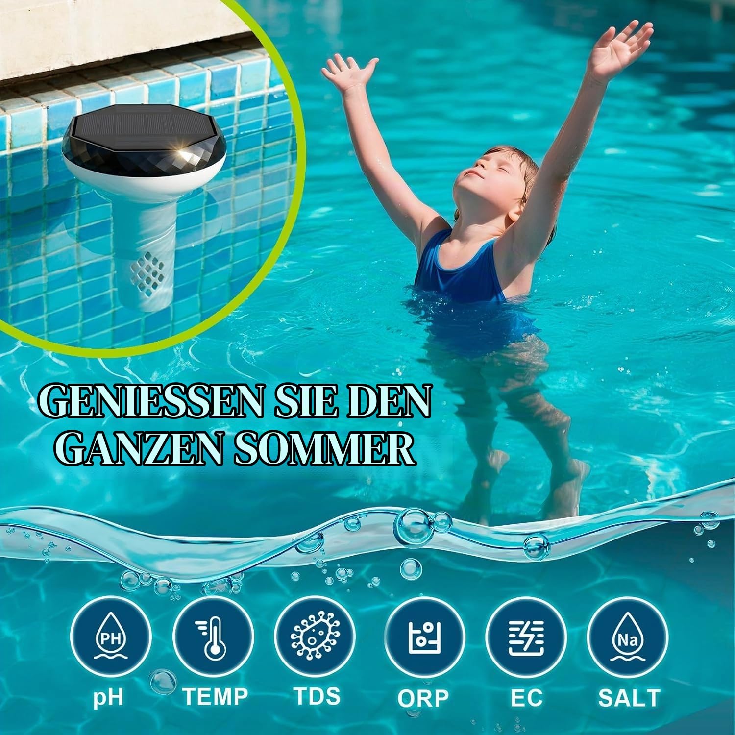 Solar Pooltester 6-in-1 Smart Wassertester mit WLAN-Box – pH, Salz, EC, ORP, TDS, Temperatur – Schwimmender Solar-Wasserqualitätstester für Pool, Spa & Whirlpool