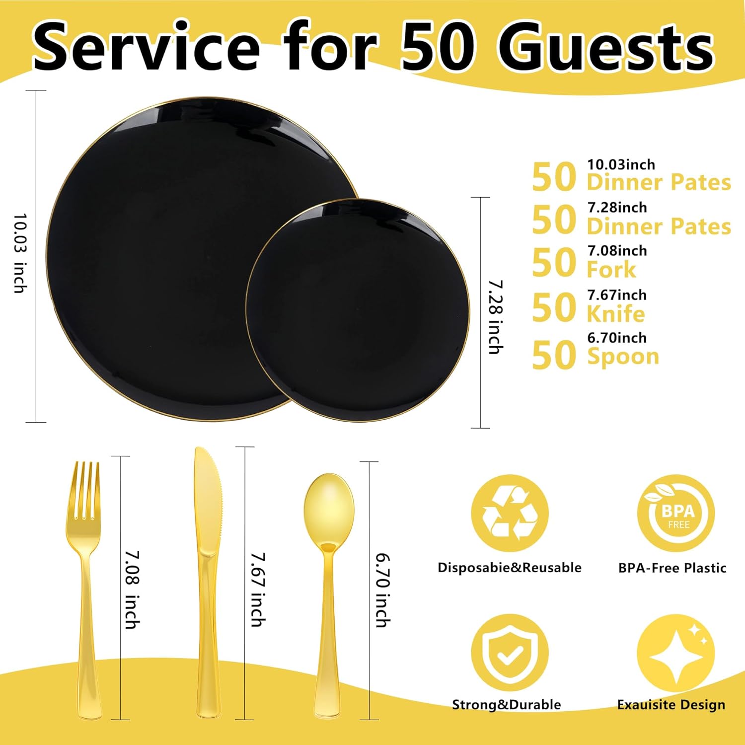 250PCS Black and Gold Plastic Plates,50 Guests Black Gold Plastic Dinnerware Disposable for Party and New Year,Include 50 Dinner Plate,50 Dessert Plate,150 Gold Silverware Set