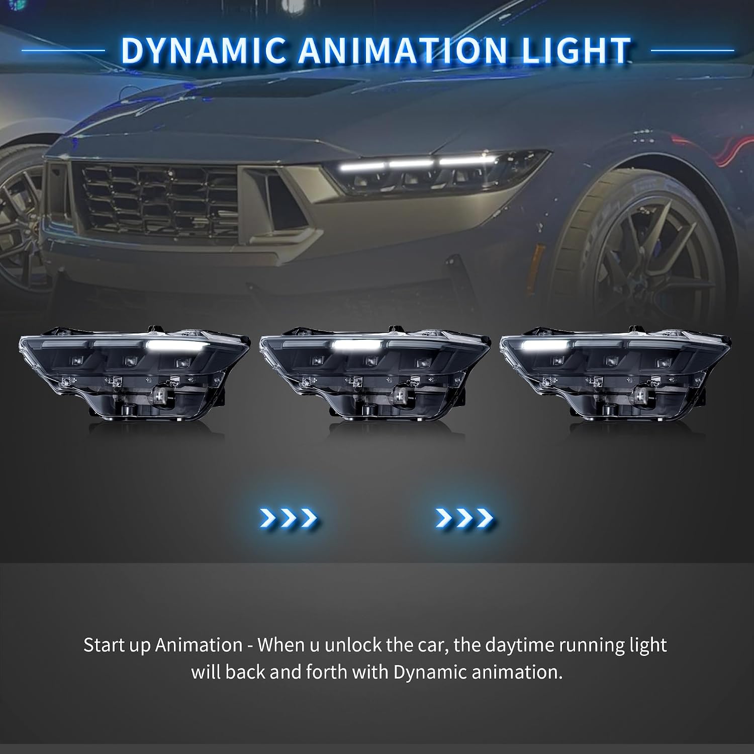VLAND LED Projector Headlights Compatible With Ford Mustang 2024 2025 2026, With Sequential Turn Signal and Startup Animation, (Driver & Passenger Side)