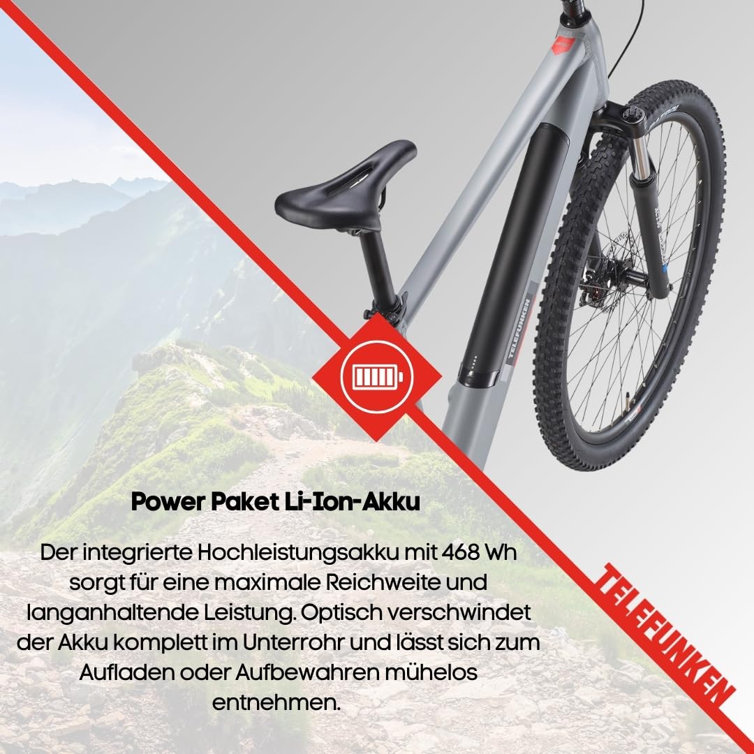 TELEFUNKEN E-Bike Mountainbike 29 Zoll für Herren und Damen | Elektrofahrrad mit 250W Hinterradmotor & 468 Wh Akku | 7-Gang Kettenschaltung | Scheibenbremsen | MTB Hardtail Pedelec