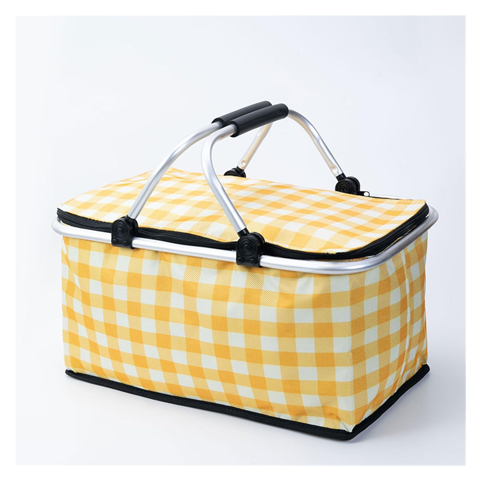 Foldable Insulated Picnic Basket, 30L Large Capacity Thermal Cooler Bag with Aluminum Frame, Portable Reusable Picnic Tote for Outdoor Camping, Picnic and Grocery Shopping (Yellow Gingham)