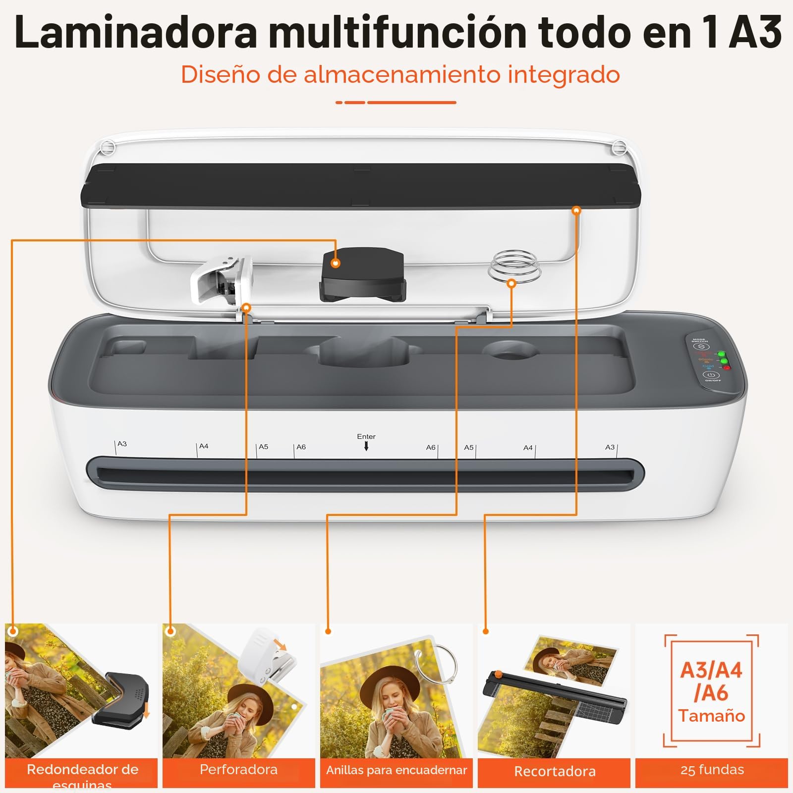 Buyounger Plastificadora, Laminadora A3, Modo Frío/Caliente con Bolsas Compuestas, 60s de Calentamiento Rápido Maquina Plastificadora, Anti Overheating/Auto Power-Off/ABS, Doméstico/Escolar/Oficina