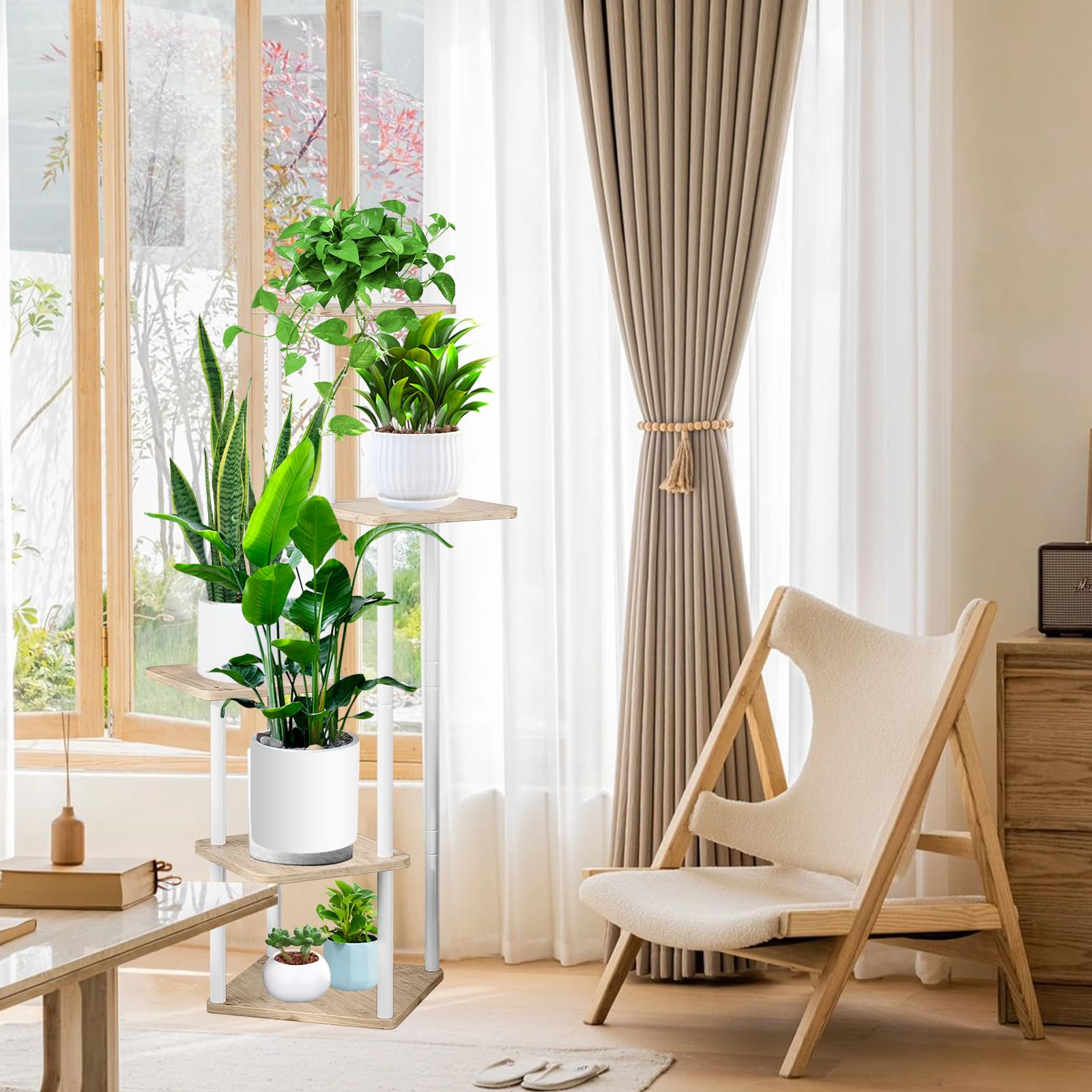 5-Tier Hölzern Blumenregal Pflanzenregal, Mehrstöckig Blumenständer Pflanzenständer Blumenbank Blumentreppe Pflanzentreppe Standregal für Innen Garten Balkon Deko (Weiß Eiche)