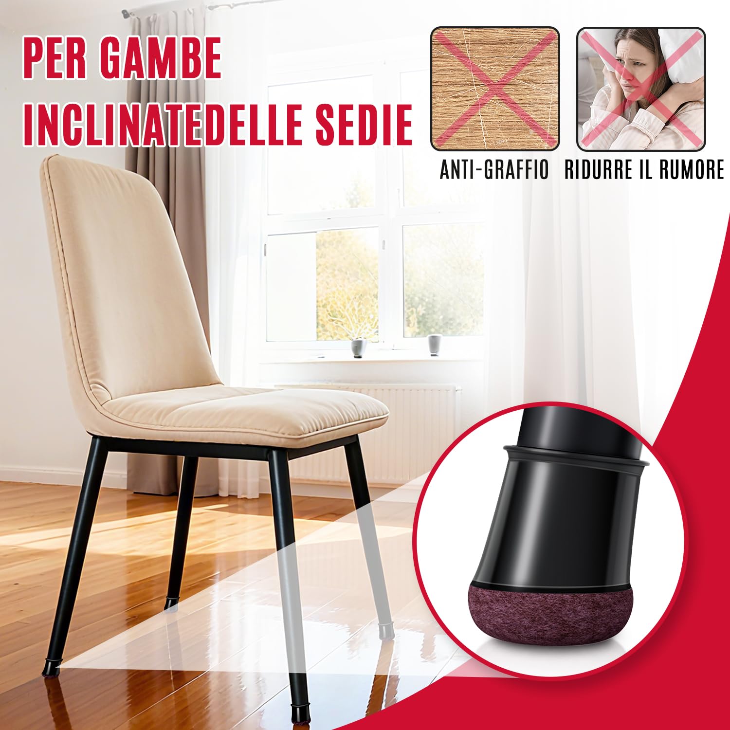 OCONDA 24 Pezzi Gommini per Sedie Rotondi Silicone, Feltrini per Gambe di Mobili, Proteggere il Pavimento dal Rumore Nero (Fit:14-20mm)